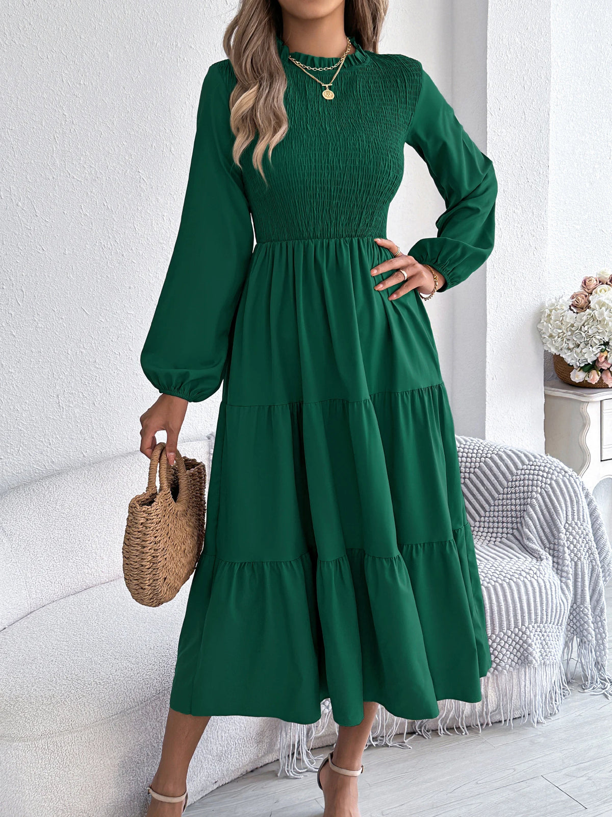 Autumn Winter Elegant Dress for Women Solid Color Round Neck Lantern Long Sleeve Ruffled Dresses Khaki Green Red Woman Clothing