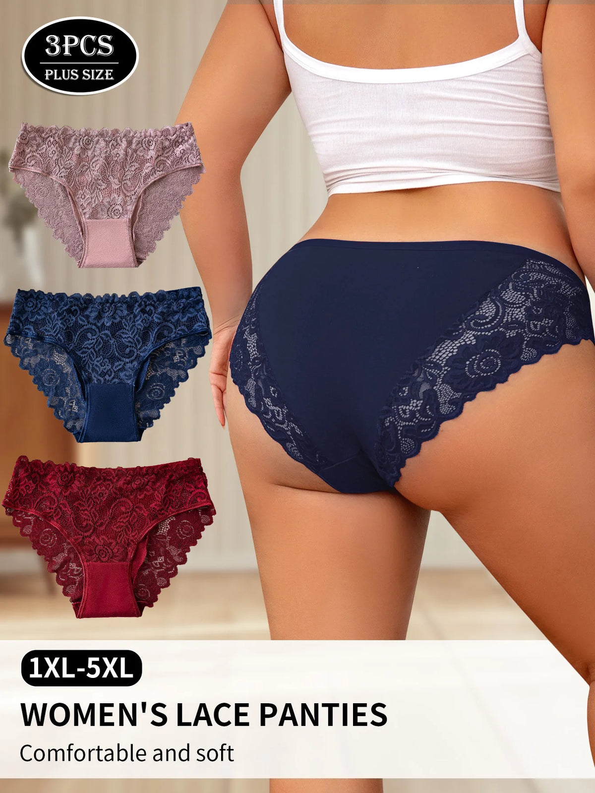 3PCS Women's Plus-Size Underwear Elegant Floral Embroidery Lace Trimmed Panties Sexy Hollow Out Briefs High Quality Lingerie