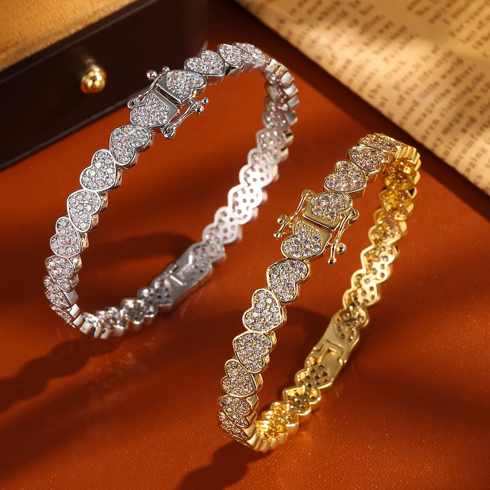 ZAKOL Full Iced Out Bling CZ Cubic Zirconia Heart Charm Bracelet Not Allergies Sliver Gold Color Hiphop Jewelry for Women Men