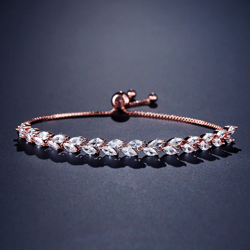 ZAKOL Trendy Cubic Zirconia Leaf Bridal Bracelets Bangle for Women White Color Crystal Adjustable Bracelet Wedding Jewelry