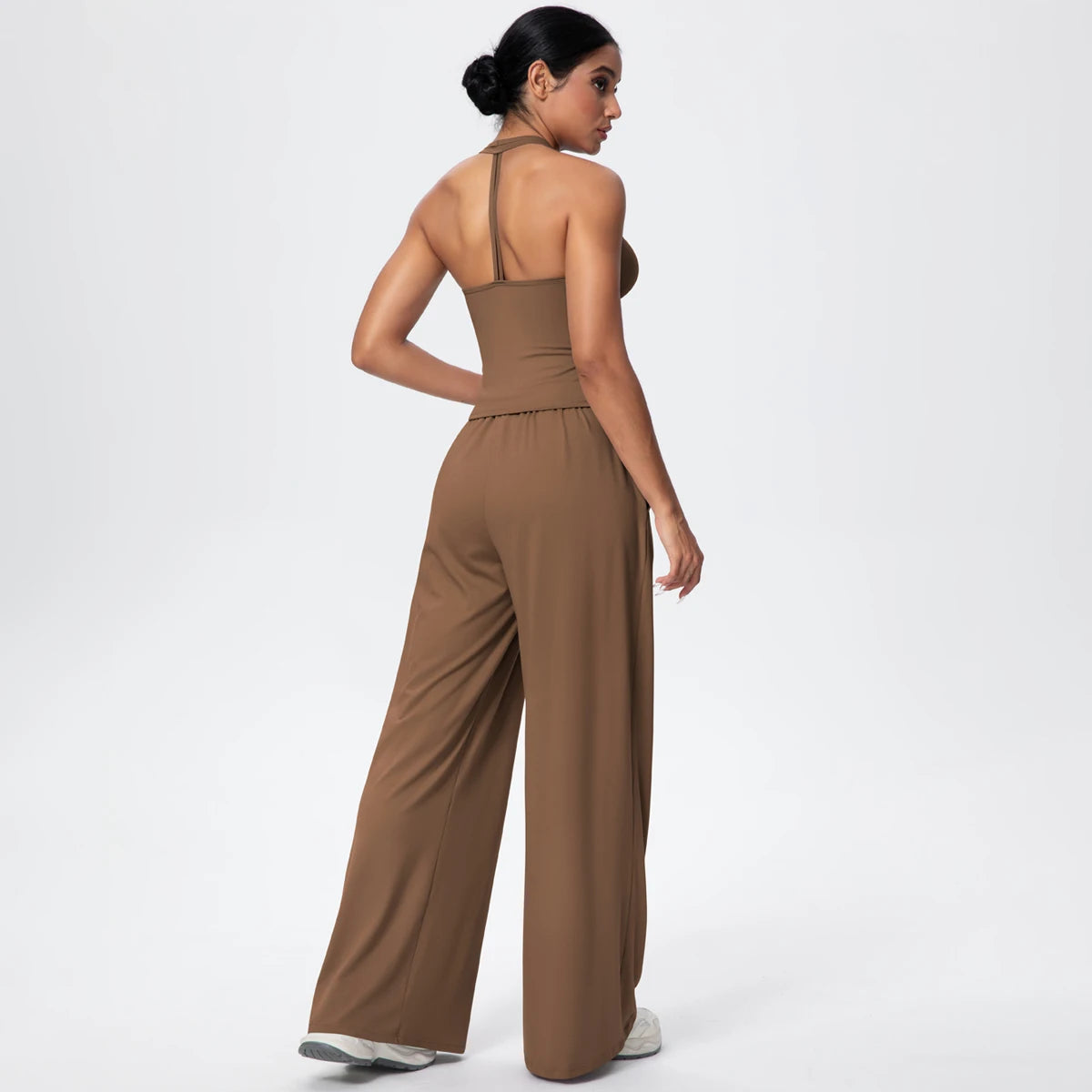 Breathable Loose Wide Leg Pants and Yoga Vest Set Solid Color High Stretch Pockets Pants Beautiful Back T-shaped Vest Yoga Suit