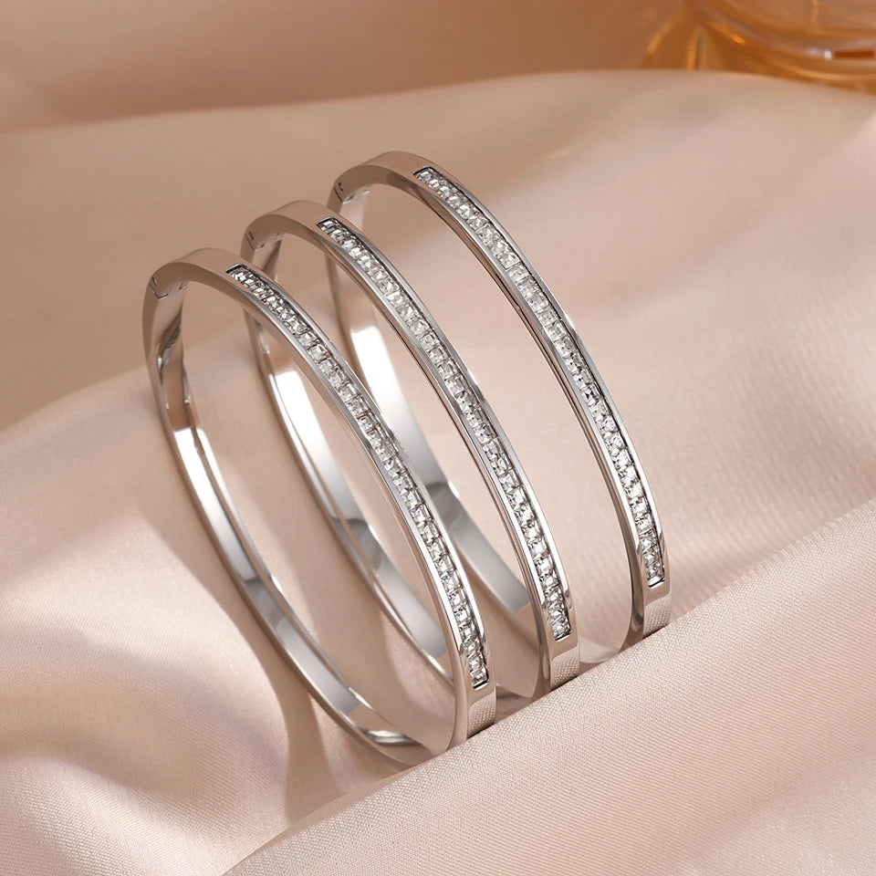 ZAKOL Exquisite Micro Paved Crystal Zirconia Thin Bracelet Bangles for Women Personalized Stainless Steel Stacked Jewelry