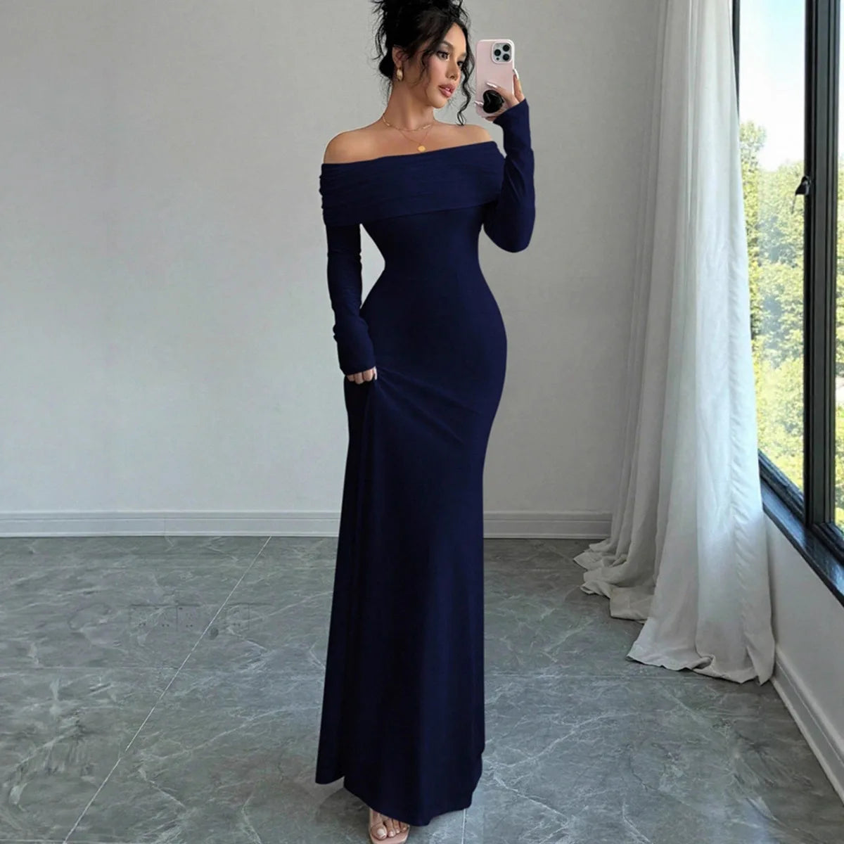 New arrival elegant women for spring season. Elegant long dress featuring a chic one-shoulder (slash neck)
