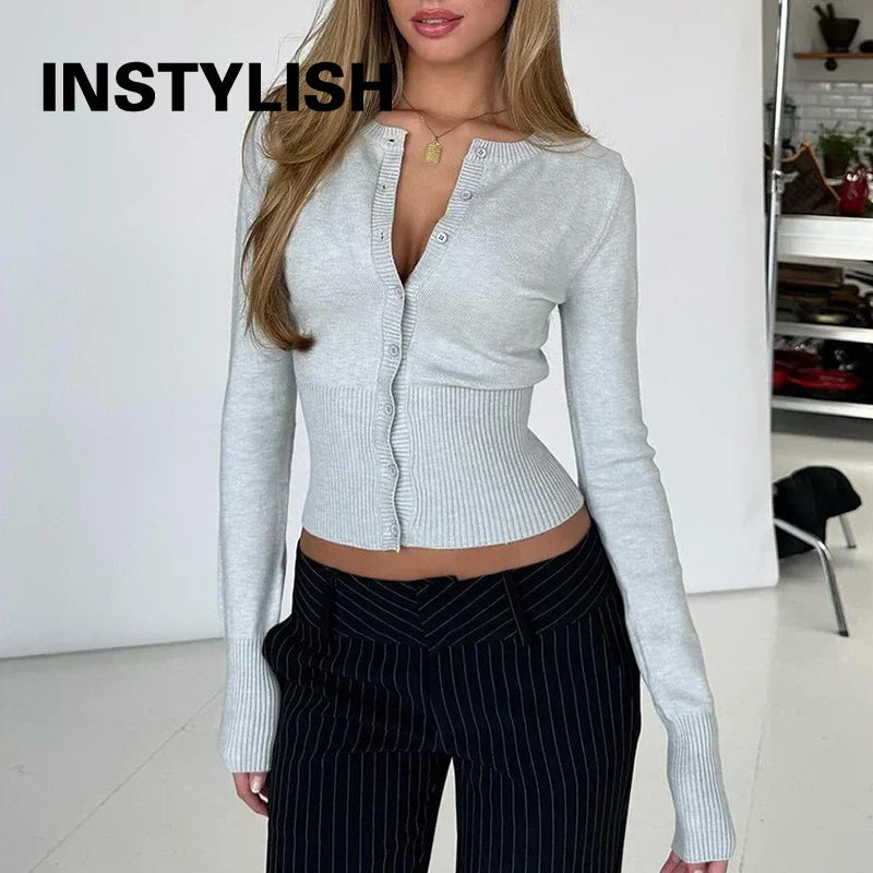 Women Elegant Solid Sweater Cardigans Korean Chic Slim Fit Cropped Knitted Tops Autumn Casual Long Sleeve O Neck Sweaters Coats