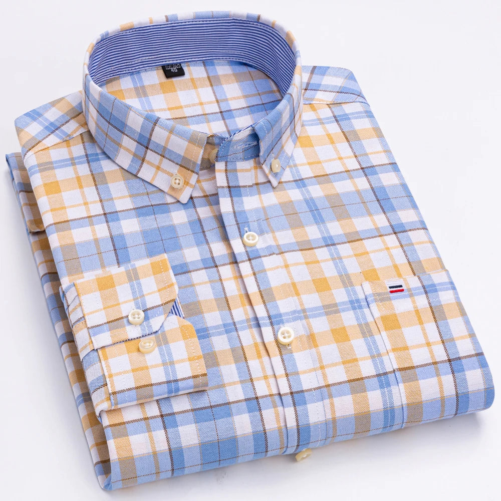 Men's 100% Cotton Contrast Plaid Long Sleeve Oxford Button-Down Shirt with Pocket, Breathable Comfort Regular Fit Casual Wear