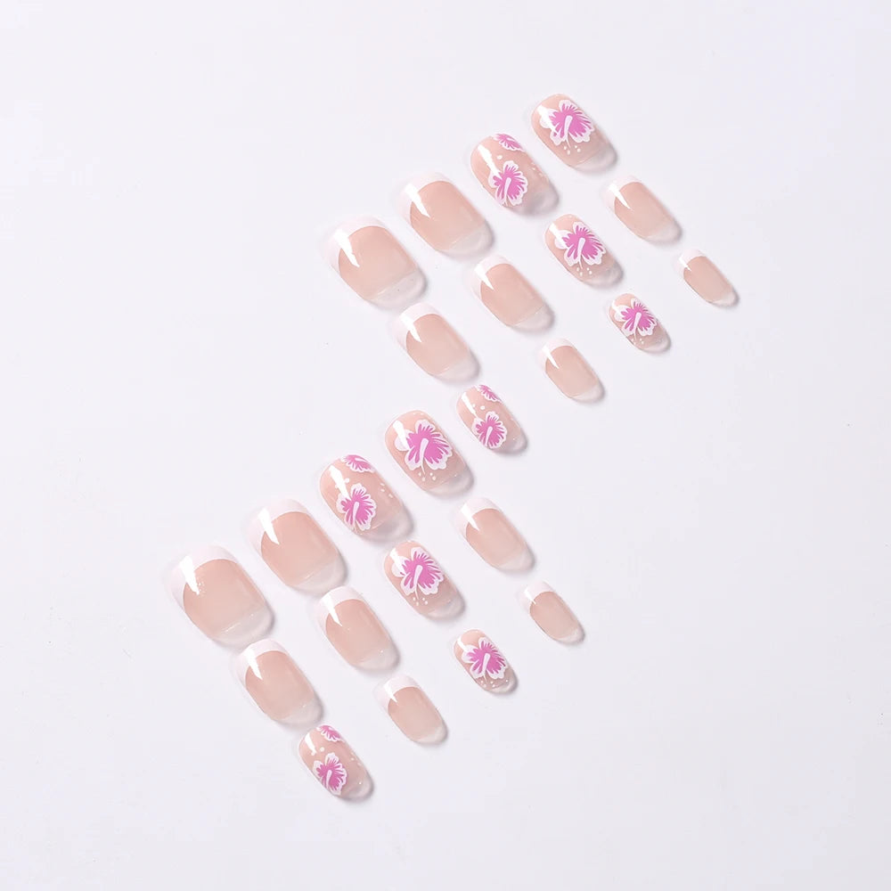 24Pcs White Pink Flower Acrylic Fake Nails Short Square French False Nail Wearable Full Cover Artificial Press on Nail For Women