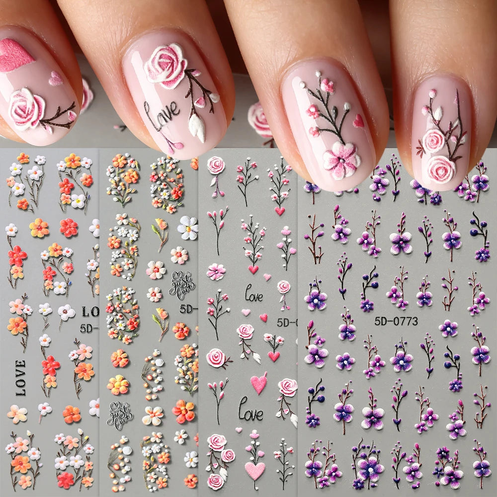1Pc 5D Embossed Lavender Flower Nail Sticker Spring Floral Leaves Self-Adhesive Sliders Rose Heart Decals Manicure Decoration