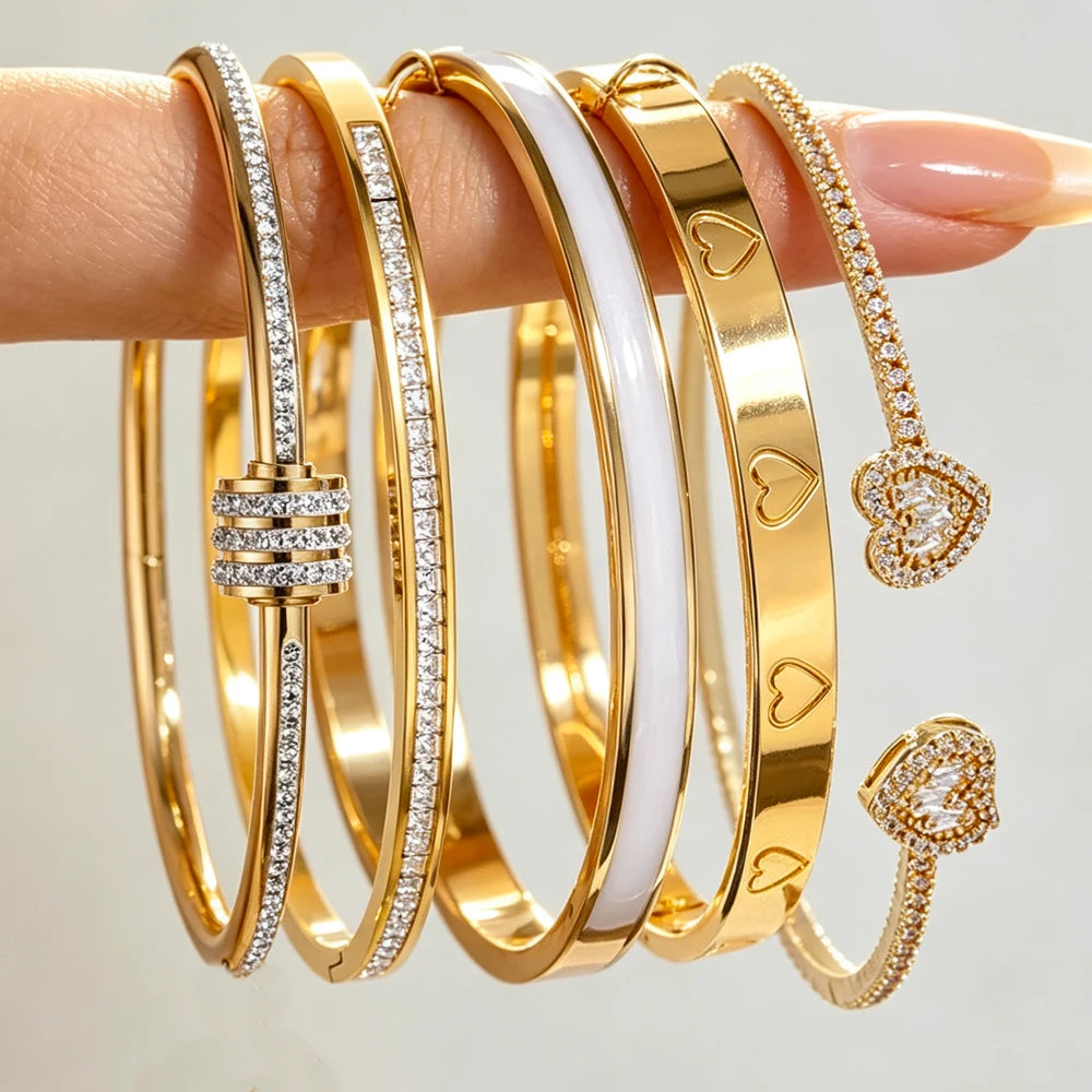 ZAKOL 5/1pcs Shiny Geometric Zirconia Inlaid Stainless Steel Copper Bracelet Set Heart CZ Stackable Bangle Jewelry Gift