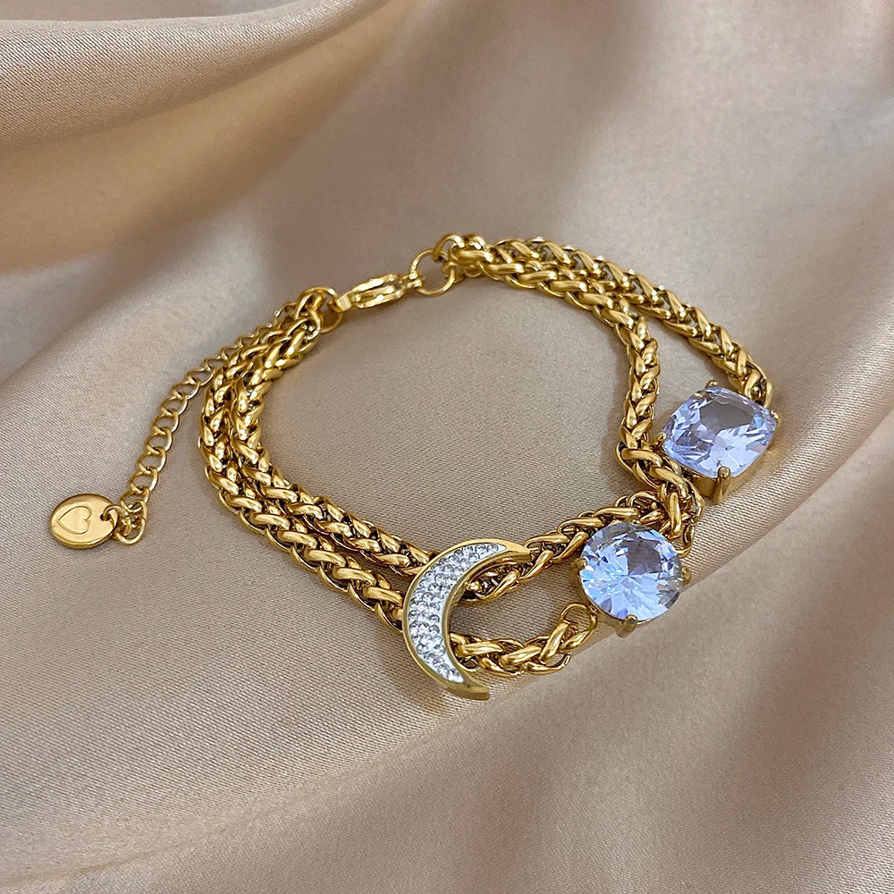 Flashbuy Women's Bracelet Golden Double Thick Chain Synthetic Zircon Geometric Moon Stainless Steel Bangle Statement Accessories