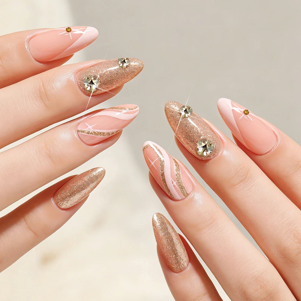 24pcs Glitter Medium Almond Full Cover Fake Nails Golden Irregular Line French False Nails with Diamond Design Press on Nails