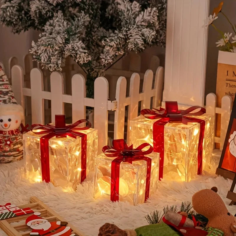 3Pcs Christmas Decorations - for Holiday Indoor Party Home, Christmas, Newyear,Party Events,Warm White Christmas Gift Box Lights