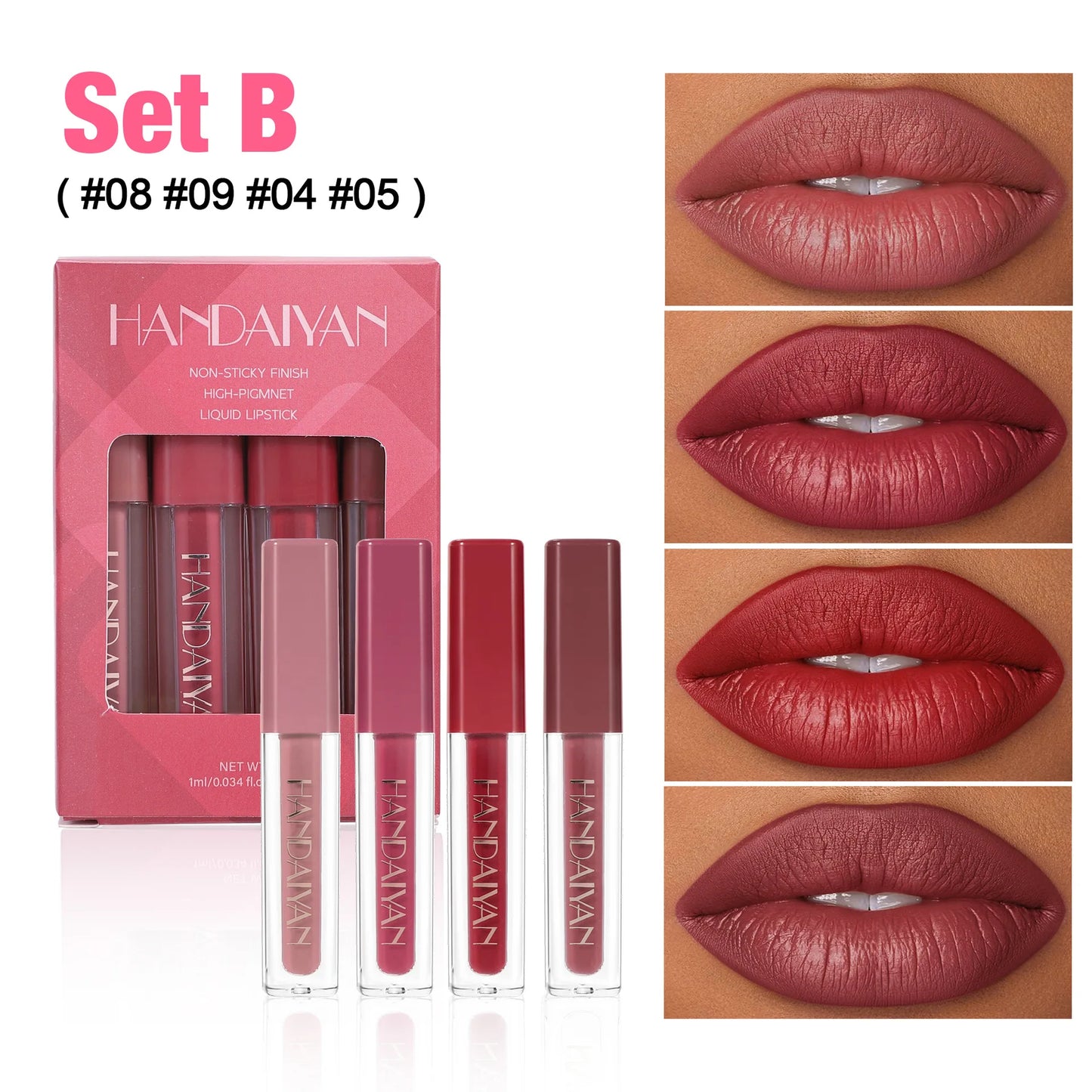4Pcs Non-Stick Cup Matte Finish Liquid Lipstick Kit Long-Lasting Waterproof Highly Pigmented Clear Lip Gloss Set for Gift Beauty
