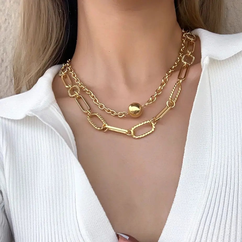 Flashbuy Chunky Multilayer Alloy Gold Color Chain Ball Pendant Necklaces for Women Statement Daily Fashion Jewelry