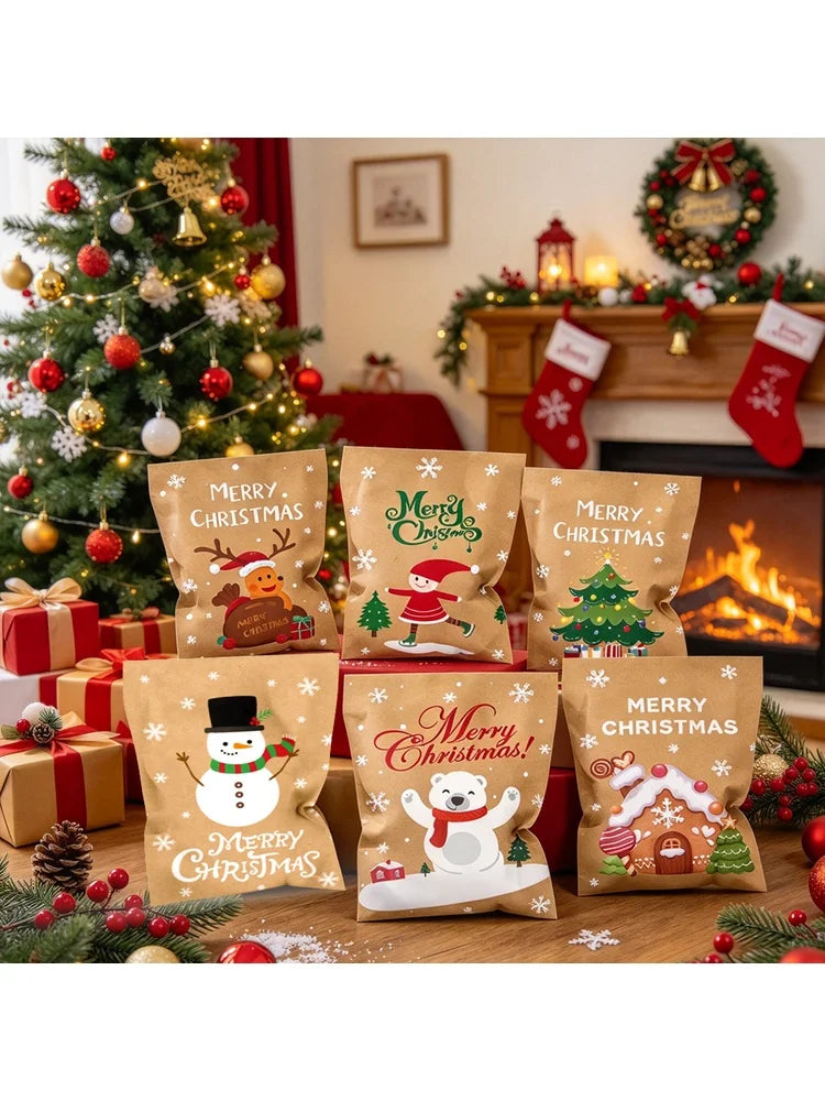 24Pcs Merry Christmas Cartoon Kraft Paper Goodie Bags, Vintage Xmas Candy Treat Bags with Snowflake Prints,Party Favor Packaging