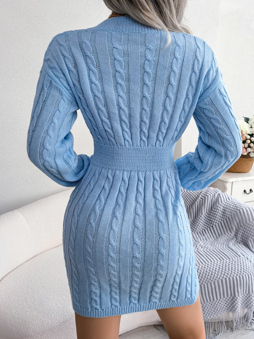 Autumn Winter Casual Knitted Sweater Dress for Women 2026 Elegant V Neck Long Sleeve Slim Waist Mini Dresses White Blue Khaki