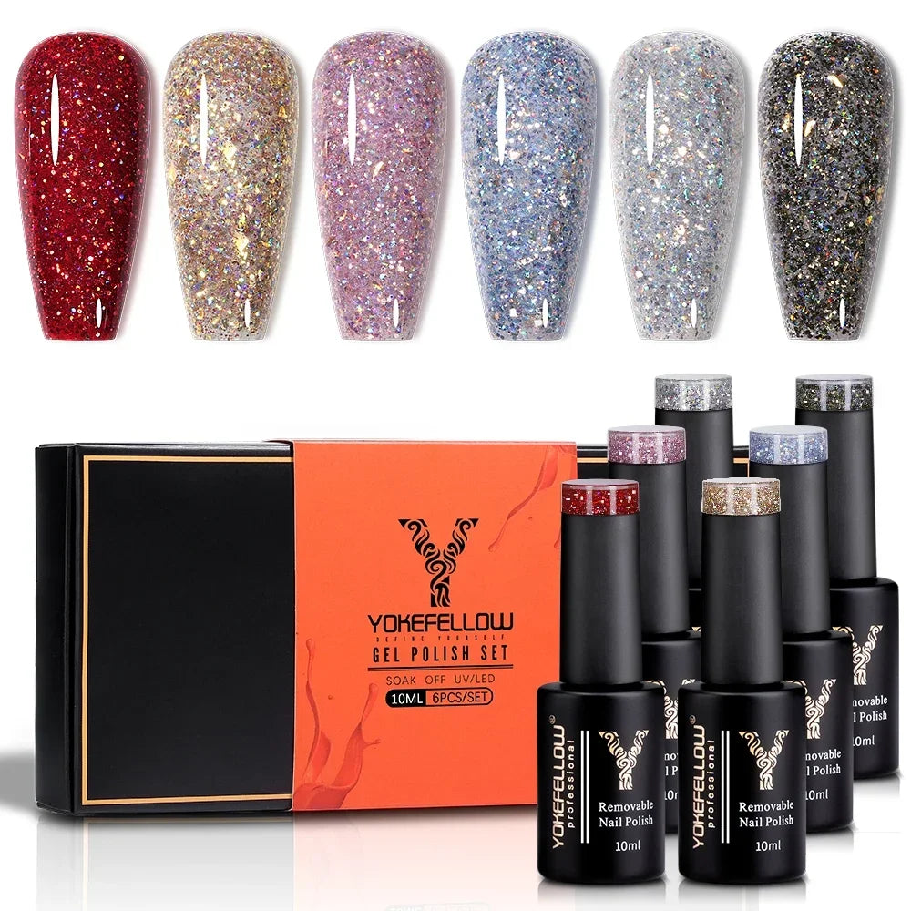YOKEFELLOW 6Set Blue Gel Nail Polish Sky Blue Glitter Gel Nail Vernis Semi Permanent Soak Off UV Manicure Gift for Girls Women