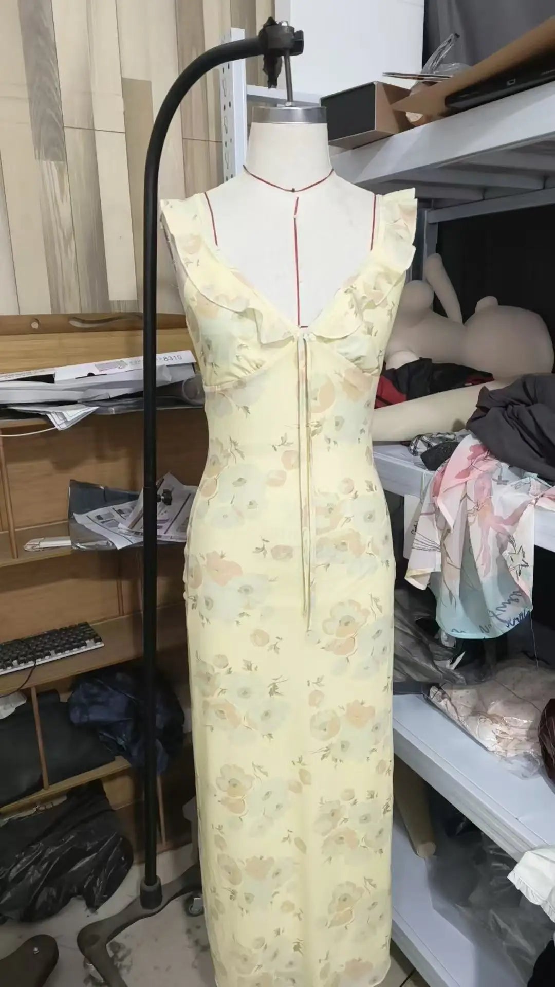 Elegant Summer Print Floral Dress Women V-neck Slim Ruffles Sleeveless Backless Long Dresses 2026 Beach Vacation Lady Vestidos