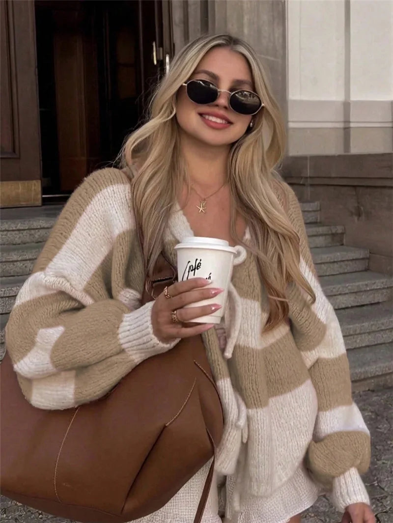 Women's Striped Knitted Sweater Causal V‑Neck Lace‑Up Bow Long Sleeve Loose Soft Warm Cardigan Fashion Autumn WInter Streetwear