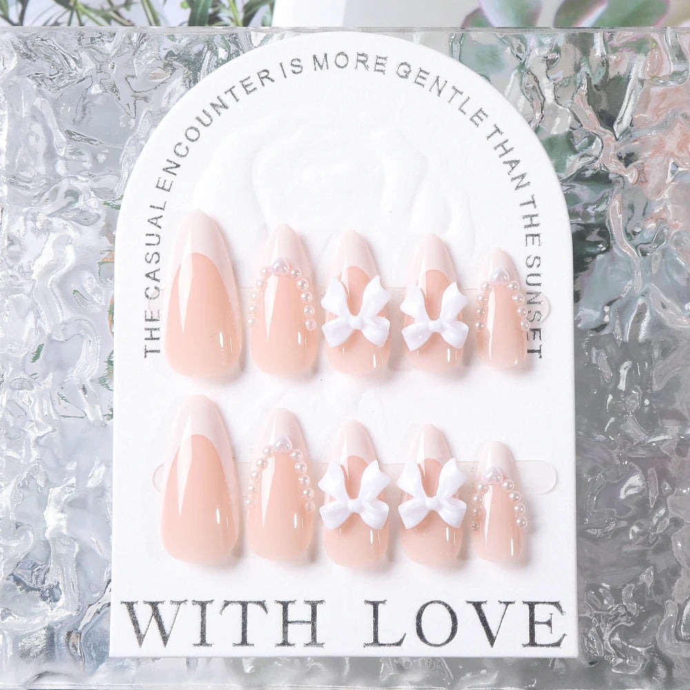 24Pcs Pearl Bow Press On Nails White Bowknot French Almond Fasle Nails Wearable Full Cover Fake Nails Tip for Girls Women