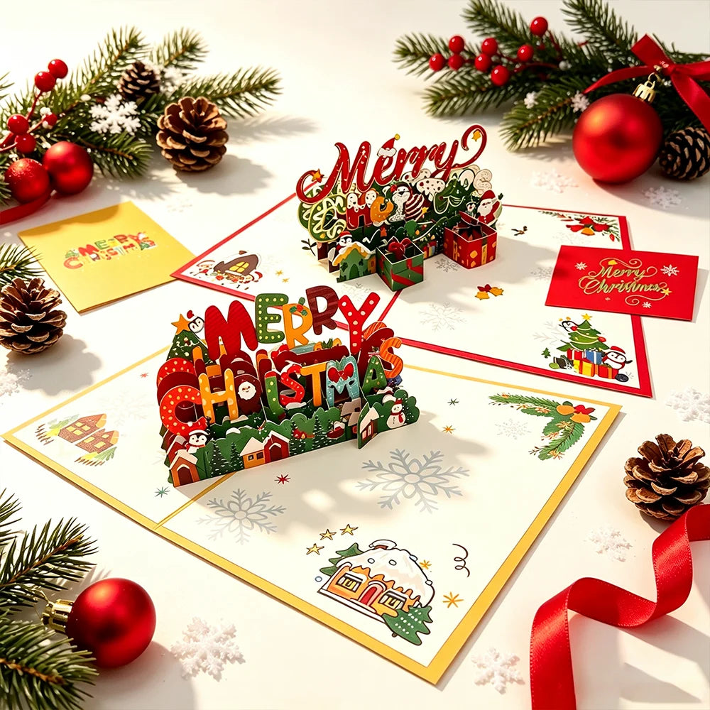 Christmas 3D Pop‑Up Greeting Card,Handmade Festive Xmas Pop‑up Card with Envelope,Merry Christmas Holiday Blessing Card forParty