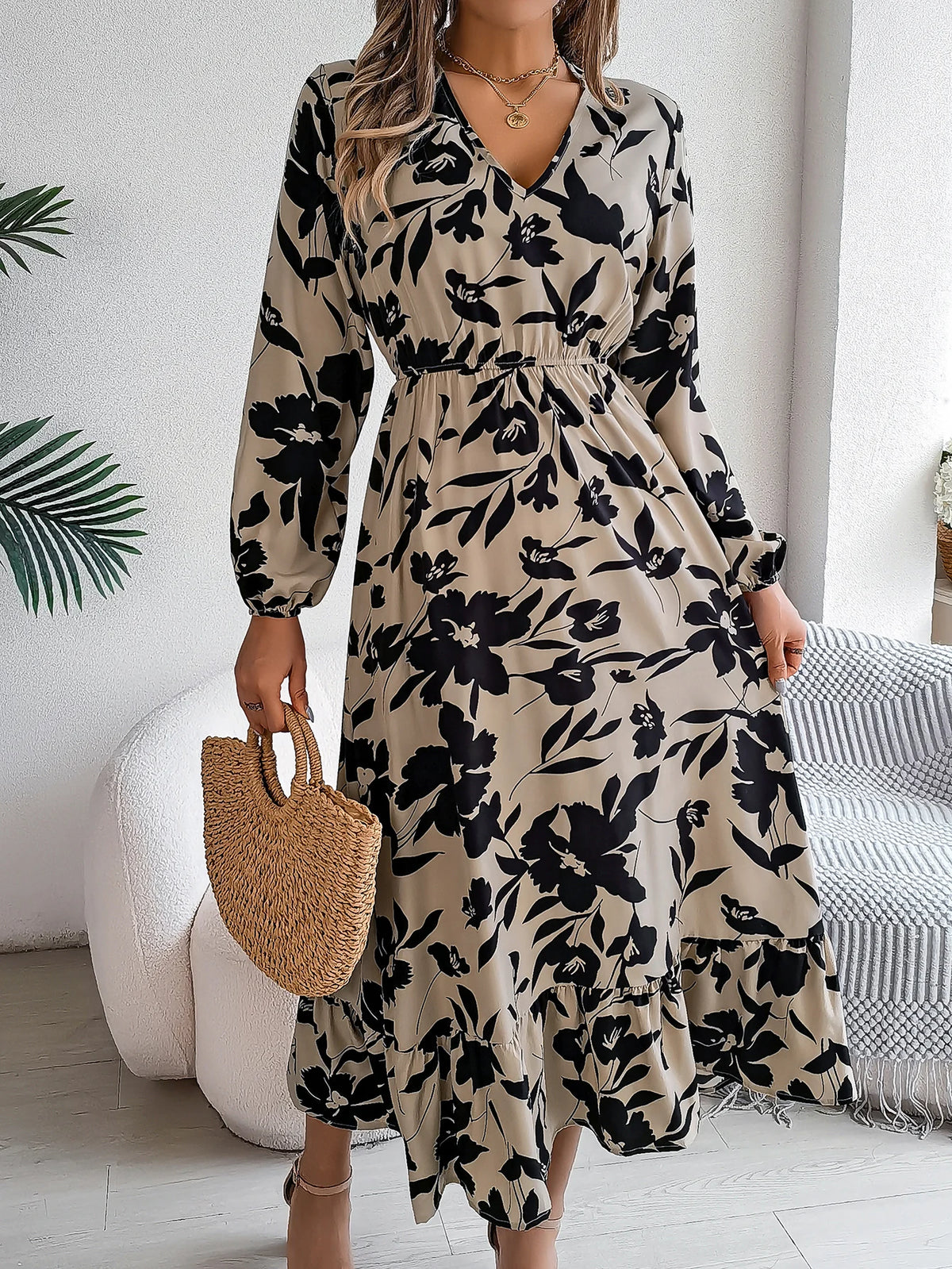 Spring Autumn Elegant V Neck Floral Print Dress 2026 Fashion Lantern Long Sleeve Ruffled Edge Maxi Dresses for Women Streetwear