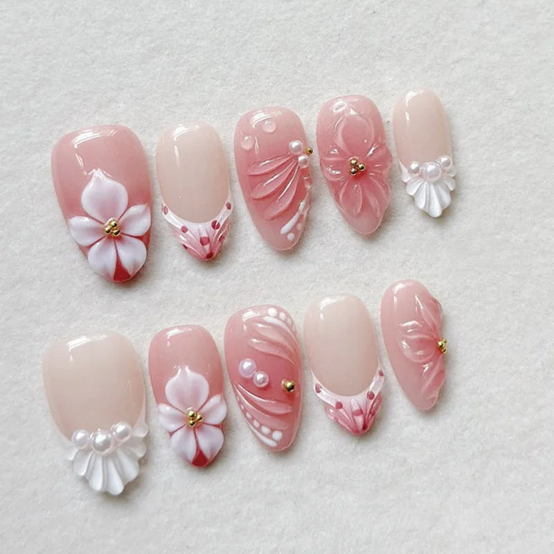 24Pcs Mid-length 3D Flowers Design Fingertips Sweet Butterfly Yellow Ripple Almond False Nails Detachable Full Cover Press Ons