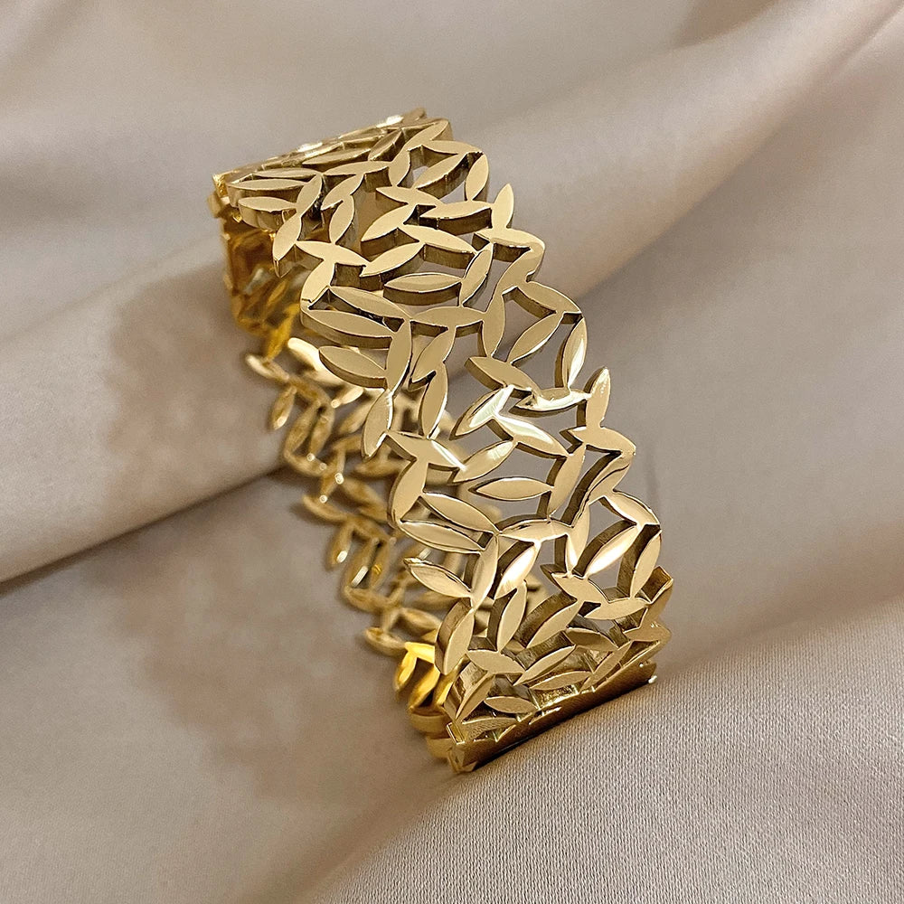 Flashbuy Chunky Gold Color Charm Leaf Wide Stainless Steel Bangles Bracelets for Women Men New Design Wrist Waterproof Jewelry
