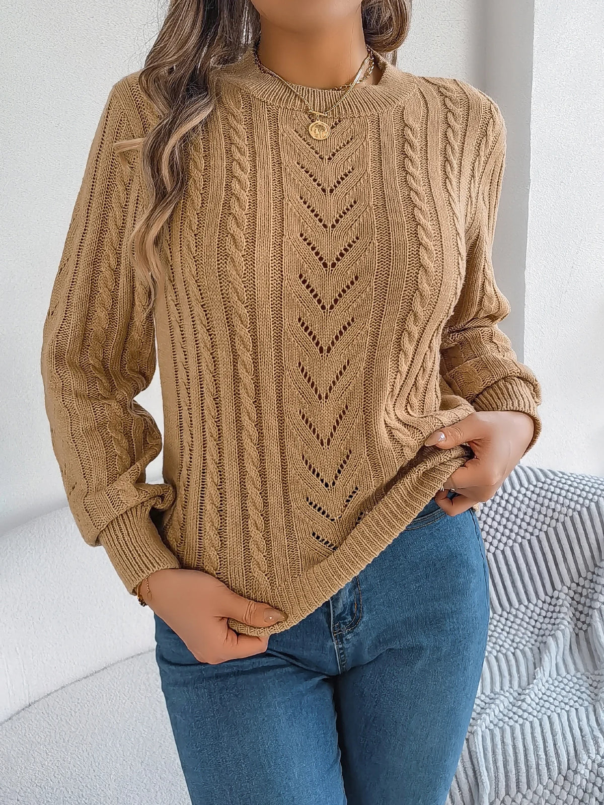 Autumn and Winter Casual Solid Color O-Neck Hollow Out Long Sleeved Pullover Sweater