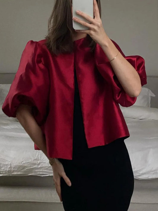 Elegant Puff Sleeve Blouse Top Women's 2026 New Autumn  Solid White Black Satin Loose O Neck Shirt Female Office Lady Streetwear
