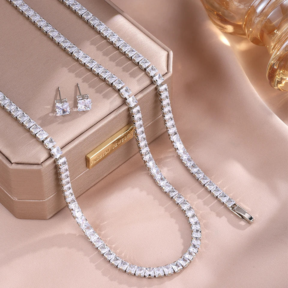 ZAKOL 3pcs/set Classic Square AAA Zircon Tennis Bracelet Necklace Earrings Set Shiny Crystal CZ Bridal Wedding Jewelry Sets