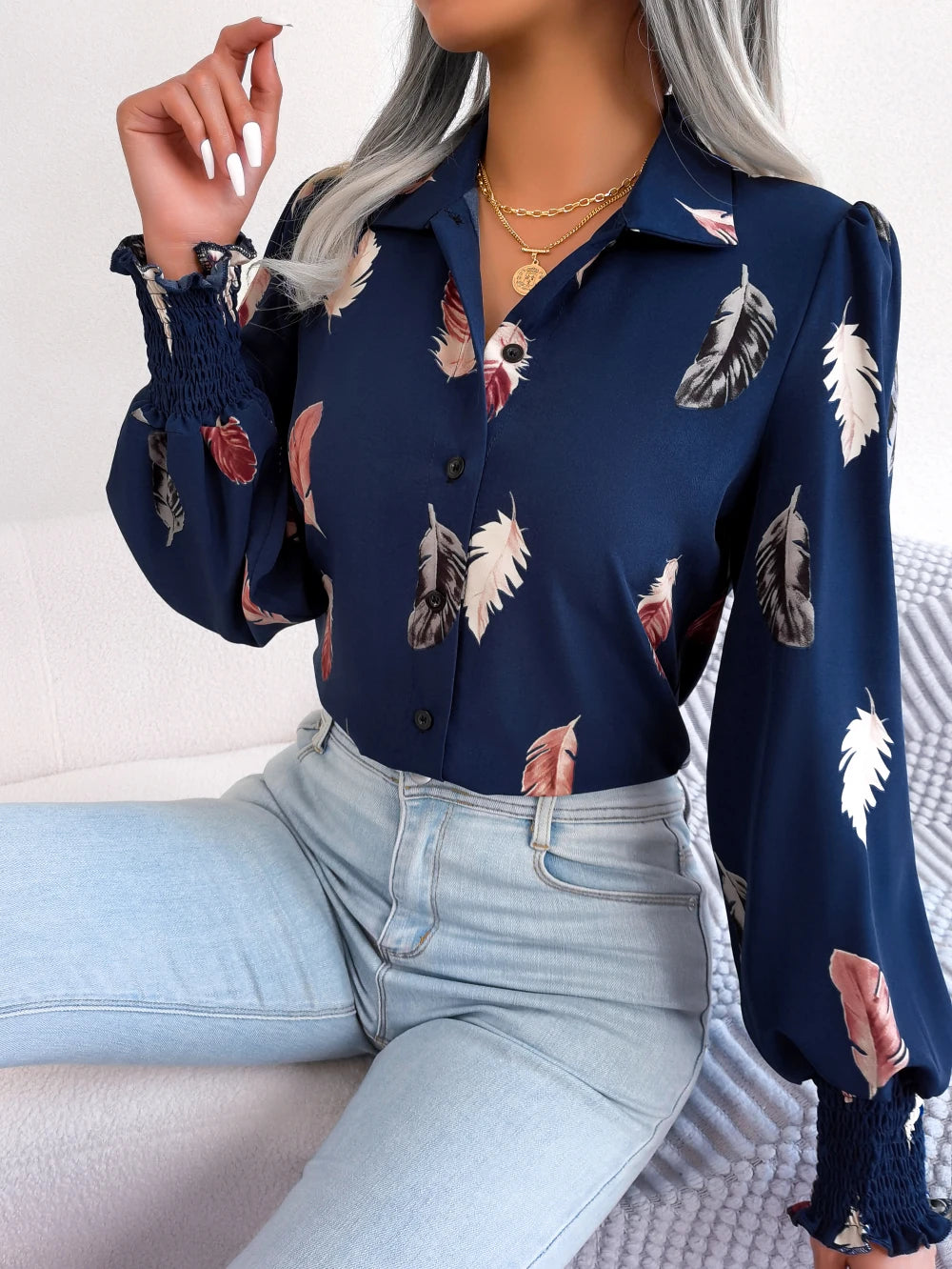Women's Casual Feather Print Long Sleeve Office Lady Shirts for Autumn Turn Down Collar Buttons Woman Clothing White Pink Blue