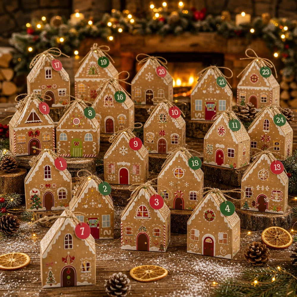 24 Days Christmas Advent Calendar Gingerbread House Boxes, Christmas Countdown Treat Boxes for Holiday Table Display 