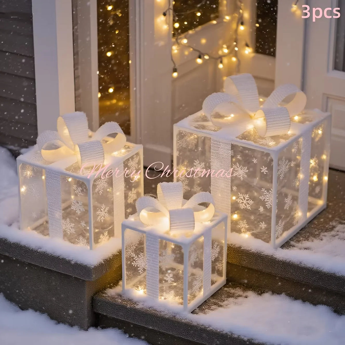 3 Pack Light Up Christmas Gift Box Ornaments, Battery Powered, Indoor & Outdoor Xmas Home, Porch, Lawn Holiday Decor