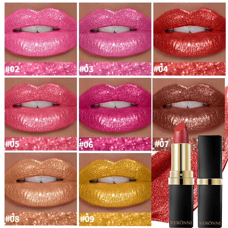 Pearly Glitter Velvet Lipstick,Metallic,Waterproof,Long-lasting,Shimmer,Diamond Lipstick,Glitter Lip Gloss, Lip Cosmetic Makeup