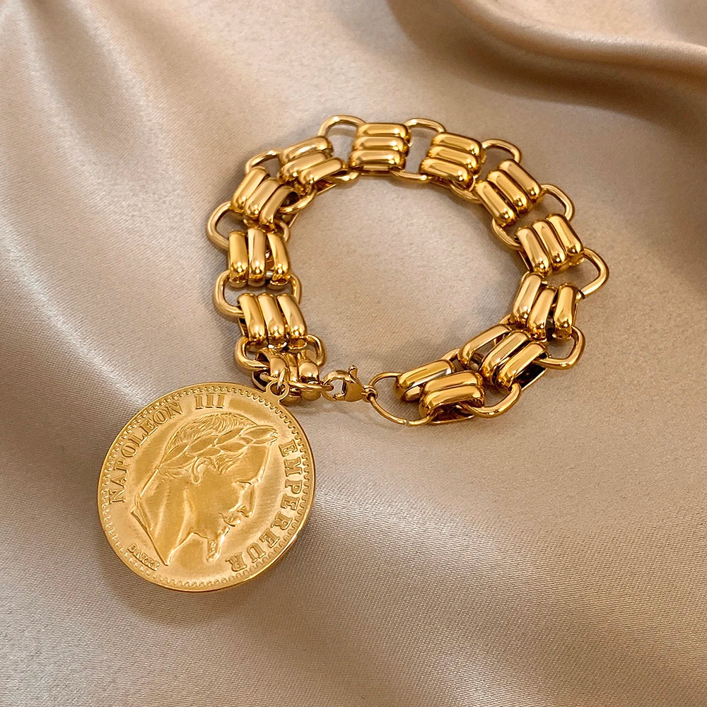 Chunky Punk Vintage Carved Head Portrait Coin Pendant Stainless Steel Bracelets Gold Plated Thick Chain Fashion Jewelry