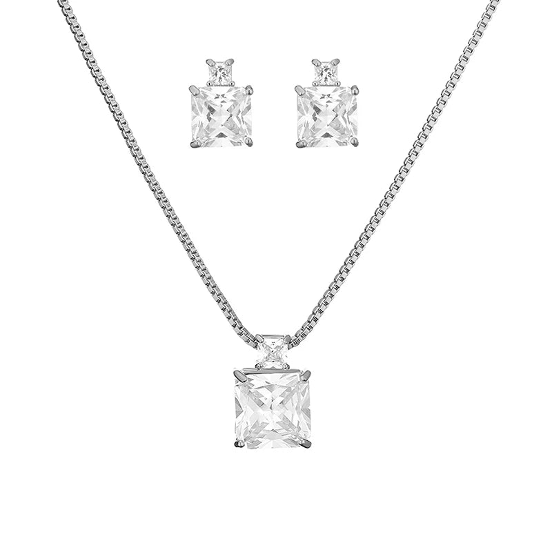 ZAKOL Elegant Ocean Blue Square AAA Zirconia Earring Necklaces Set for Women Exquisite Wedding Party Jewelry Gift for Women