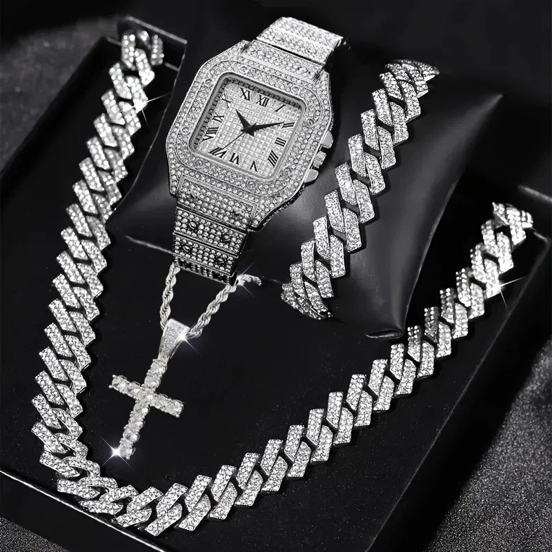 4PCS Fashion Iced Out Square Men Watch Cuban Chain Bracelet Necklaces Set Luxury Diamond Quartz Wristwatch Jewelry（Without Box）