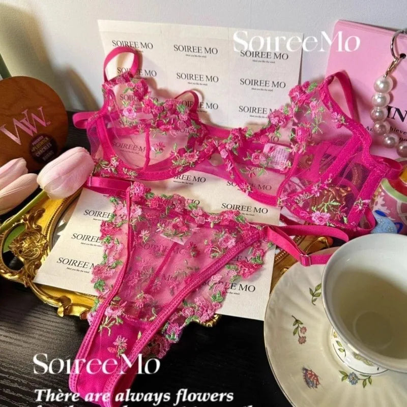French Sheer Floral Sensual Lingerie Set Ultra Thin See Through Bralette with Soft Or Women Large Bust Support S-XL 32-38 MOYISU