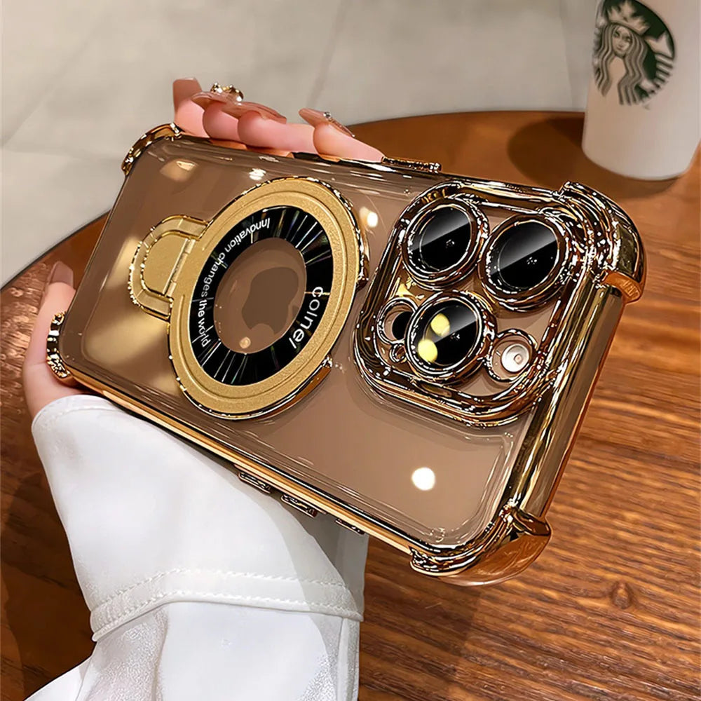 Luxury Plating Shockproof Magnetic Bracket For Magsafe Clear Case For iPhone 16 15 14 13 12 11 Pro Max With Holder Stand Cover