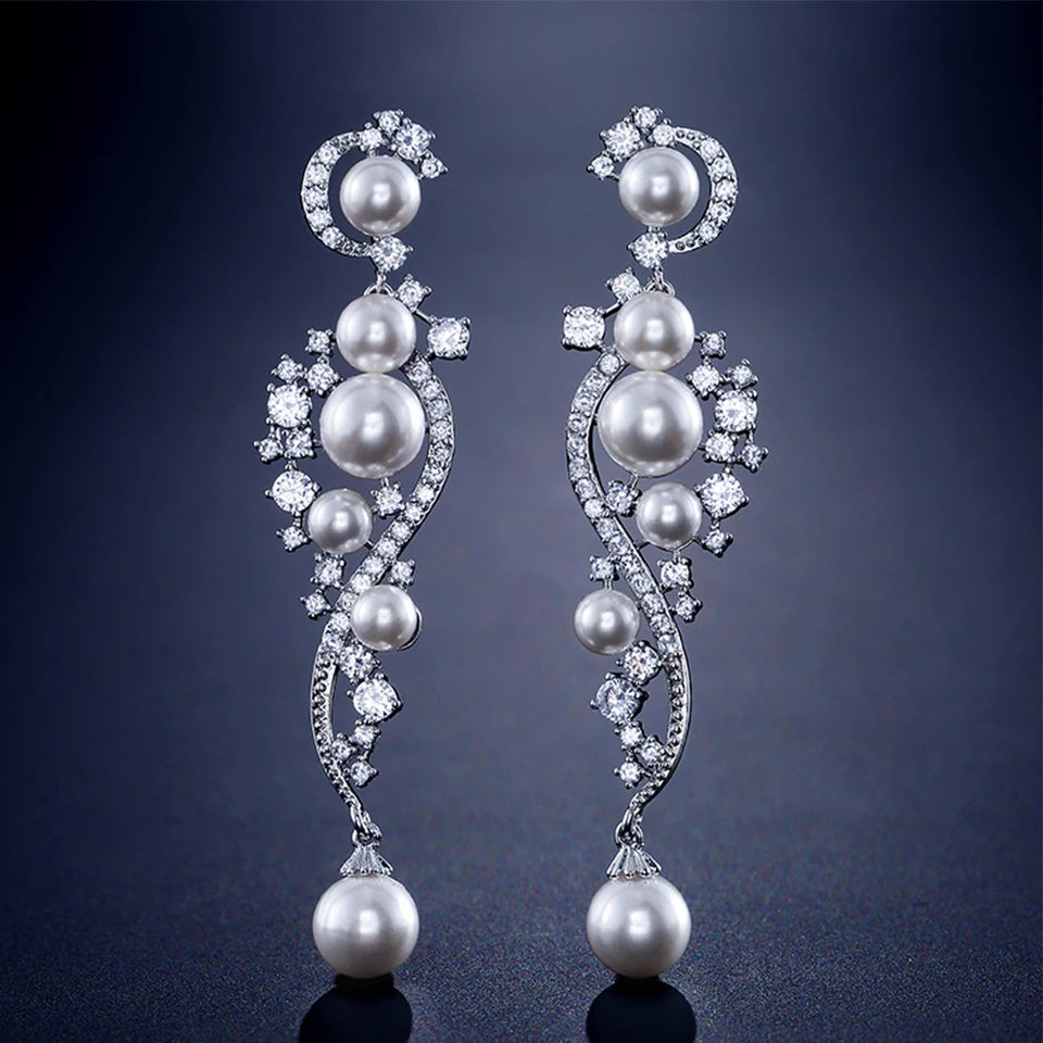 ZAKOL Luxury Shiny AAA Cubic Zirconia Hanging Earrings for Women Imitation Pearl Bridal Long Earring Women's Wedding Jewelry