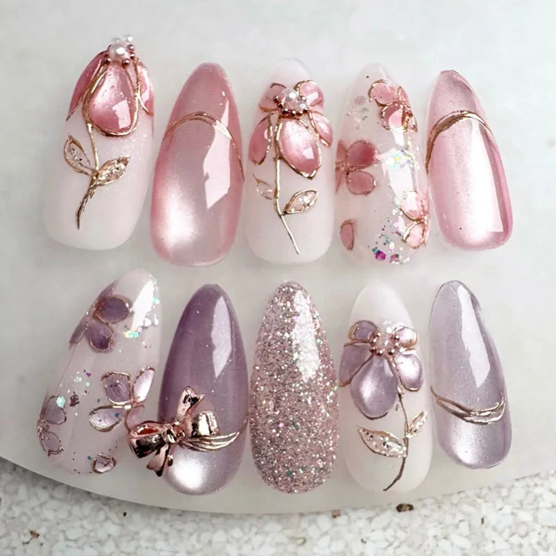 24Pcs Autumn Winter Matte Almond False Nails with Glue Rose Leaf Printing Nail Art Simple Full Cover Press on Acrylic Nails Tips