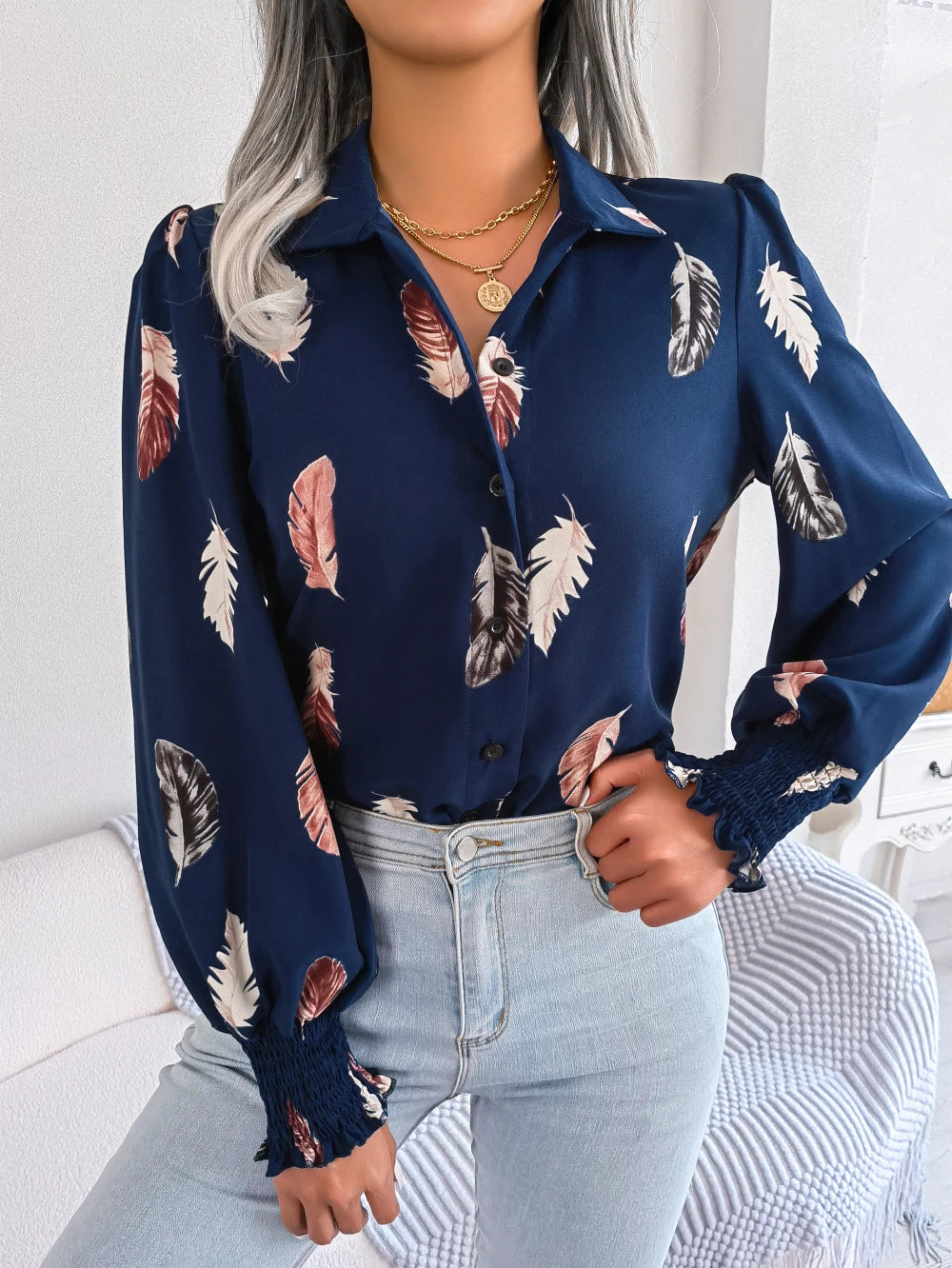 Women's Casual Feather Print Long Sleeve Office Lady Shirts for Autumn Turn Down Collar Buttons Woman Clothing White Pink Blue