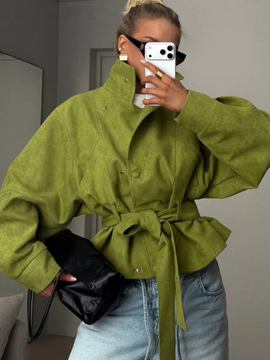 Women's Green Faux Suede Belt Lace Up Jacket Loose Fit Lapel Button Long Sleeve Coats 2026 Autumn Winter Lady Casual Outerwear