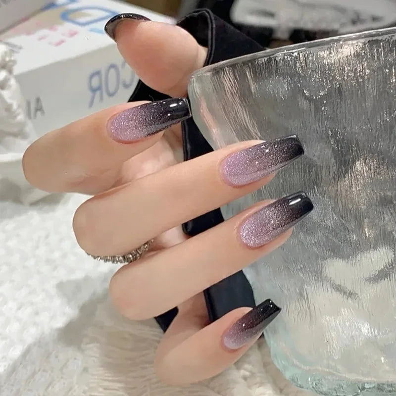 24pcs Galaxy Star Gradient Black Purple Nail Art Glitter Long Press on Nails with Charms Summer Korean Coffin False Nails Girls
