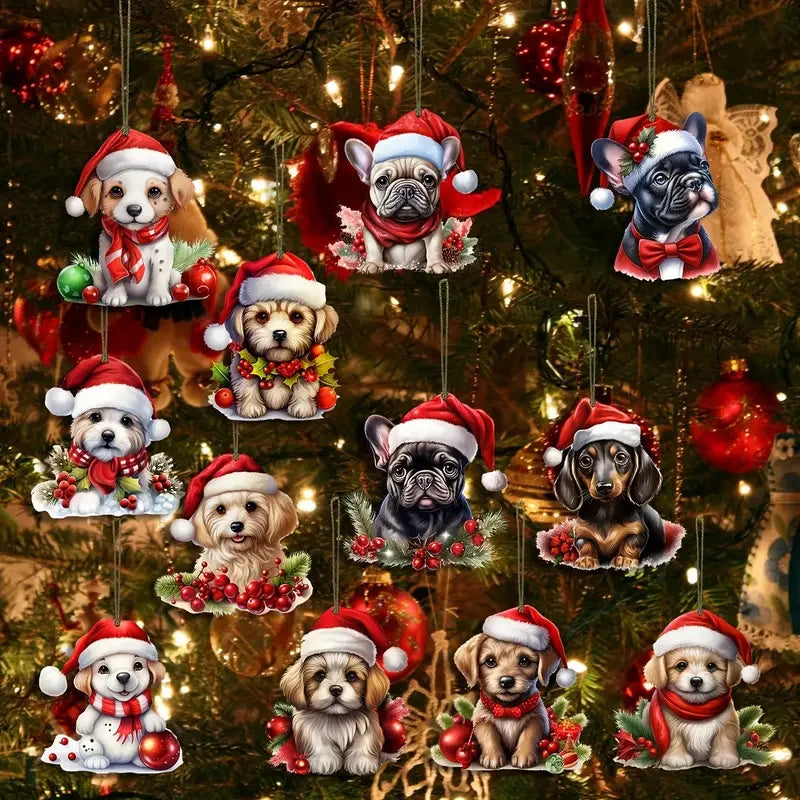 12/24pcs Festive Dog Ornament Charms with Santa Hats & Festive Accessories for Christmas Trees, Perfect Seasonal Gift