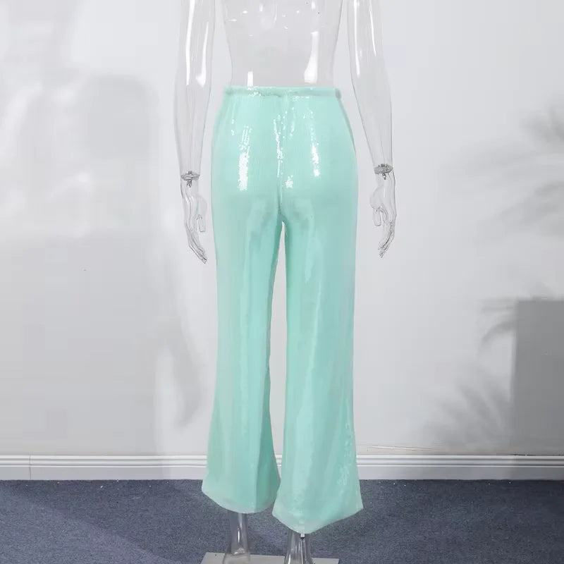 Summer Vacation Y2k Women's Sequined Pants Lady Chic High-Waist Lace Up Loose Fit Straight Mop Trouser Female Casual Streetwear