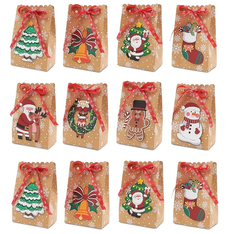 24pcs Christmas Paper Gift Bags with Banderole Candy Cookies Packaging Boxes Santa Claus Xmas Tree Home Party Decoration