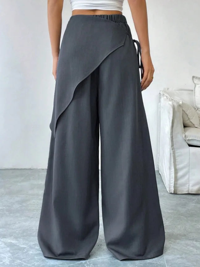 Elegant Irregular Suit Pants for Women High Waist Loose Wide Leg Pants Asymmetrical Lace Up Trousers Elastic Waist Casual Pants