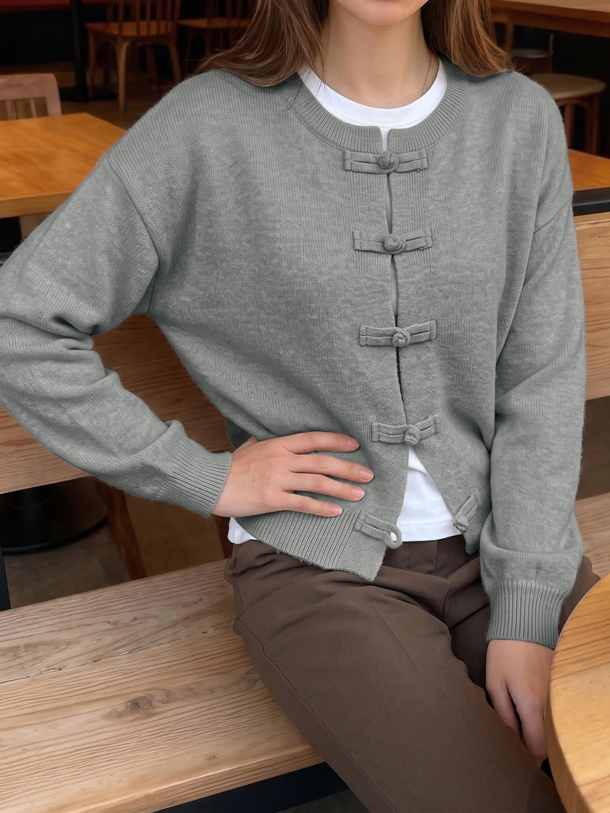 Women Vintage Knitted Sweater Causal Long Sleeve O-Neck Soft Warm Chinese Style Buckle Cardigan Female Autumn Winter Outerwear