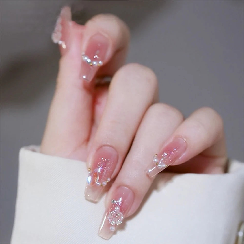 24Pcs Love Heart False Nails French Long Coffin Wearable Fake Nails Full Cover Bowknot/Moon Press on Nails Tips  for Women